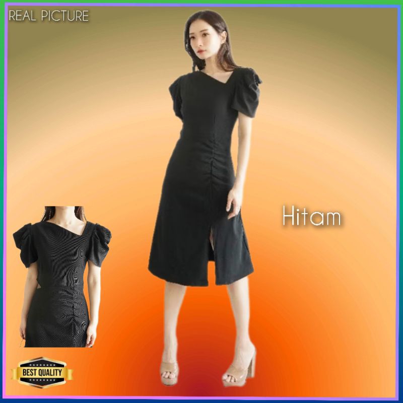 Dress Pesta Wanita Tianmu Gaun Korea Kondangan Elegan Kekinian Hitam