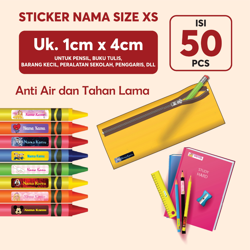 

STICKER NAMA CUSTOM TAHAN AIR/NAMA ANAK BUKU SEKOLAH ALAT TULIS 50PCS