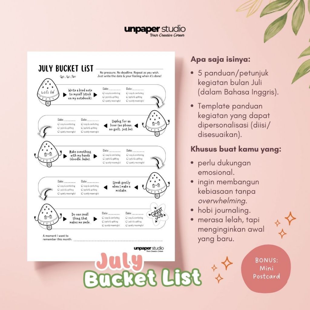 

JULY BUCKET LIST – Loose Leaf Journal A5 (5 Lembar + BONUS Mini Postcard)