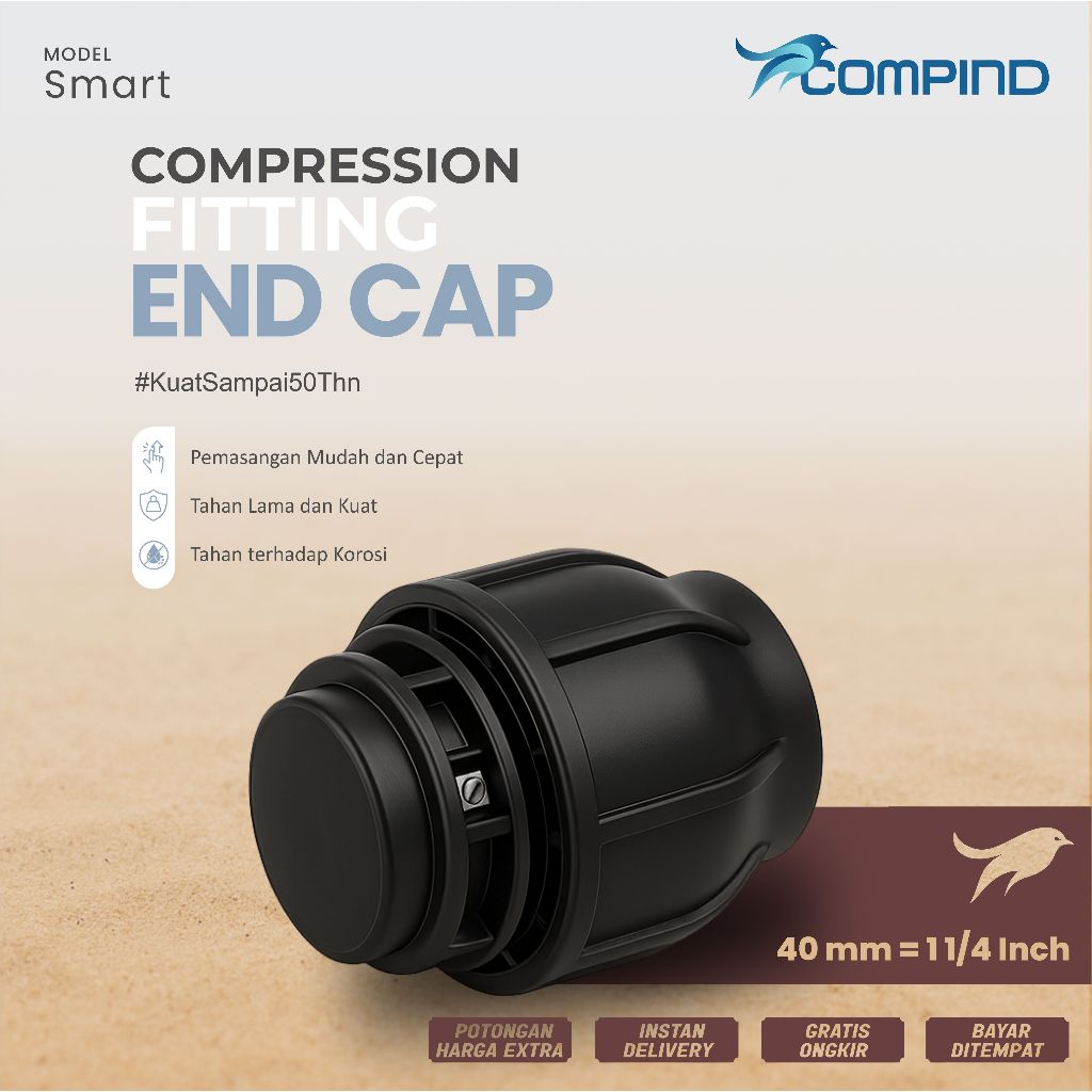 End Cap HDPE 40mm atau 1 1/4 Inch | Smart Fitting HDPE Compression