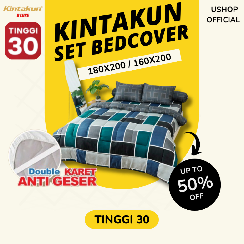 KINTAKUN Dluxe Set Bedcover + Sprei 180x200 / 160x200 TINGGI 30 FITTED FLAT USHOP T30