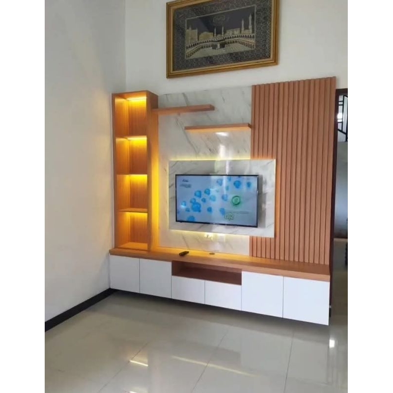 backdrop tv minimalis / rak tv gantung / backdrop tv custom hpl