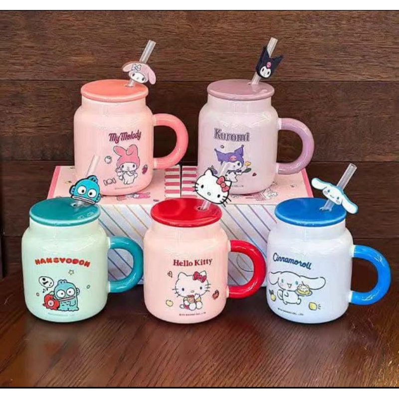 Mug / gelas sedot tutup keramik 400ml kuromi melody cinnamoroll hangyudon ori uk6.5x10
