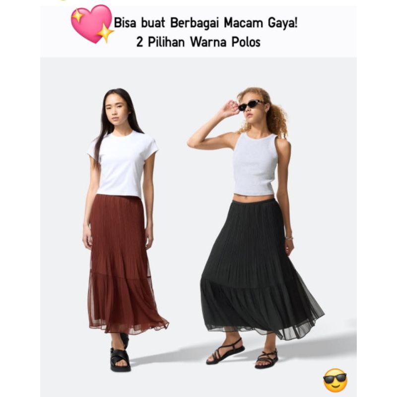 ❗SALE❗UNIQLO Rok Panel Siffon Chiffon Tiered Skirt Polos Motif Original Jastip