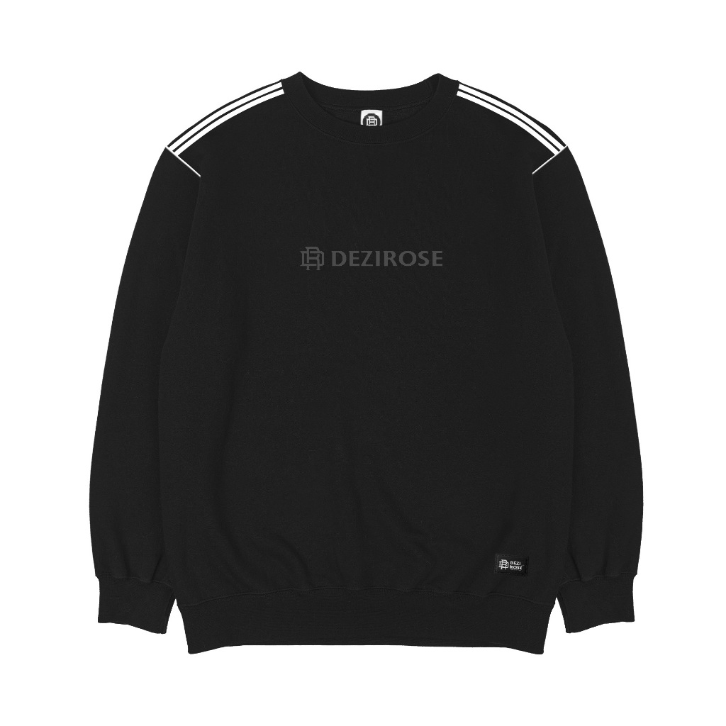 DEZIROSE - Crewneck Sweater Pria | Slight Strip Font Logo | Hitam | Cowok Cewek Unisex | Fleece Teba