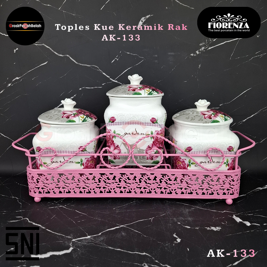 Toples Kue Makanan Permen Keramik Rak Set Motif Bunga Fiorenza AK-133