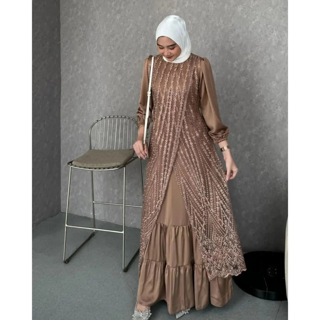 Olivel Dress Gamis Velvet mix Brokat Pesta | Kombinasi Satin Elegan Wudhu Friendly