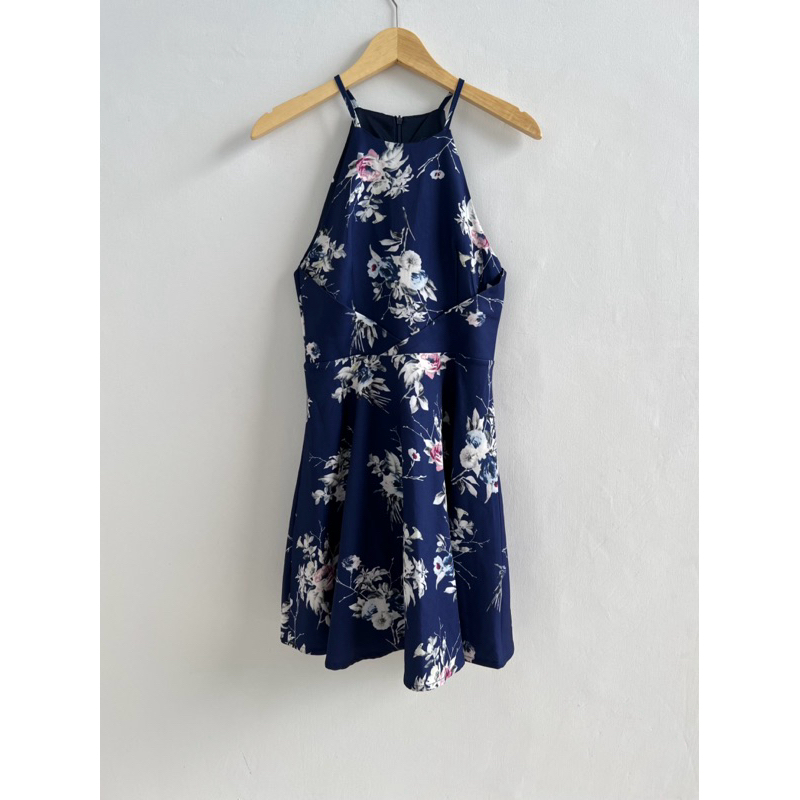 Dress Pesta Prom Biru Bunga Halter Neck No Sleeve Mini dress