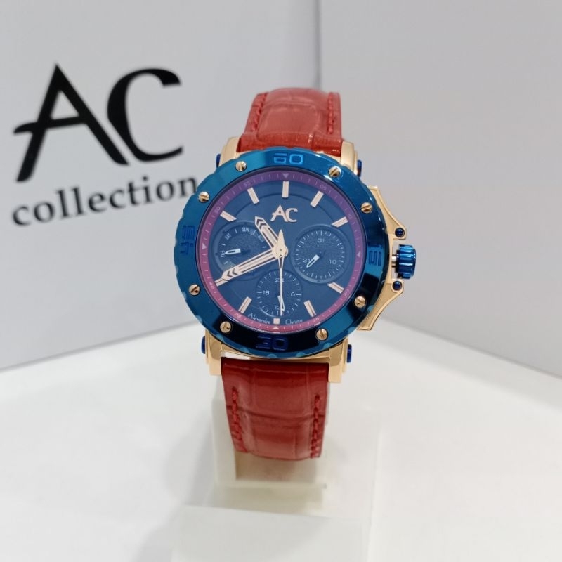 JAM TANGAN WANITA ALEXANDRE CHRISTIE AC9205 BLUE DIAL RED LEATHER STRAP