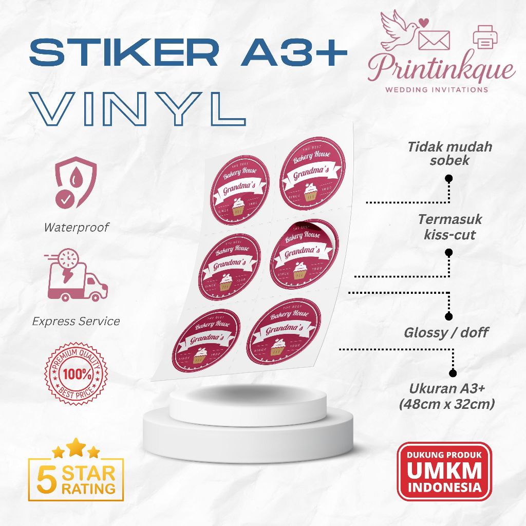

Cetak Stiker Vinyl Ukuran A3+ sudah termasuk potong | Label Kemasan Makanan | Custom Desain | Tahan Air | Untuk UMKM / Kue / Minuman