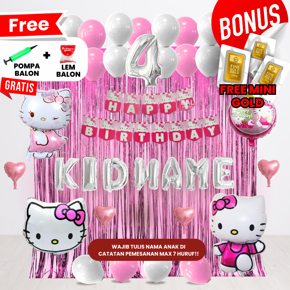 ((FREE MINI GOLD & POMPA BALON)) HELLO KITTY SET DEKOR ULANG TAHUN ANAK/ DEKORASI ULTAH ANAK/BALON U