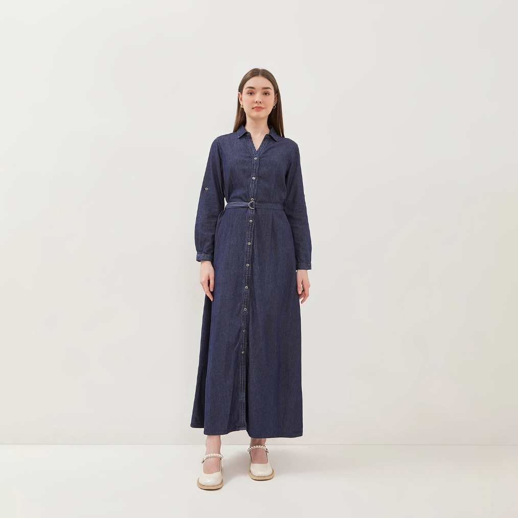 KODE T83K GRAPHIS Denim V Collar Maxi Dress
