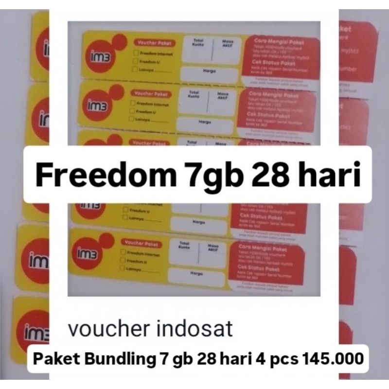 Voucher Indosat 7 gb 28 hari bundling 4 pcs 145.000