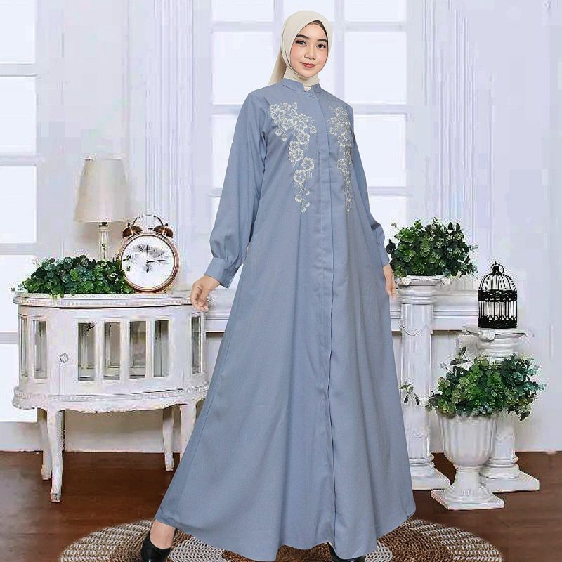 gamis bordir/gamis muslimah/biru muda/gamis grosir/gamis produksi sendiri/gamis premium/gamis kekini