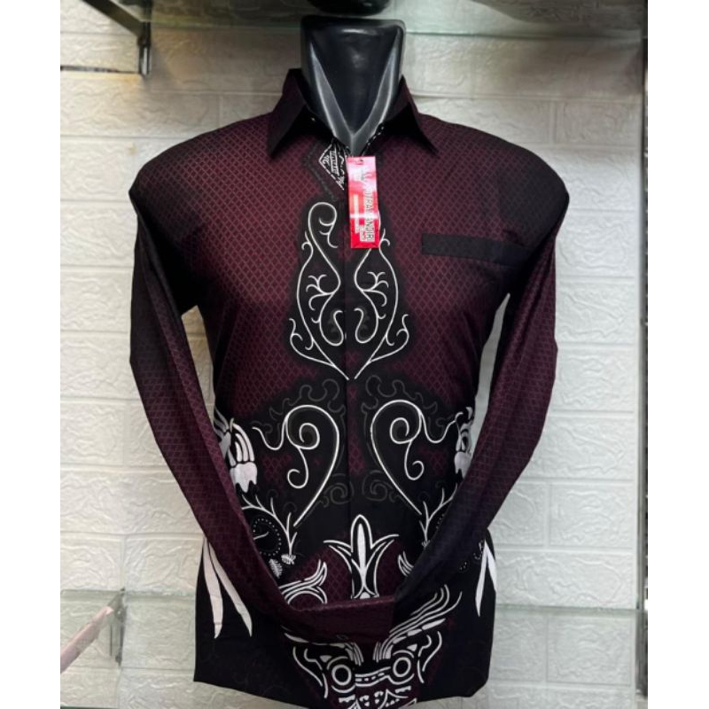 BAJU BATIK COWO,COWOK,PRIA LENGAN PANJANG PREMIUM KATUN WARNA MERAH MAROON KOMBINASI HITAM