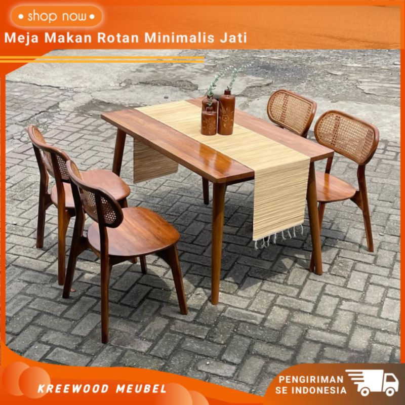 MEJA MAKAN MINIMALIS ROTAN KAYU JATI / MEJA MAKAN 4 KURSI ROTAN KAYU JATI / MEJA MAKAN JATI MINIMALI
