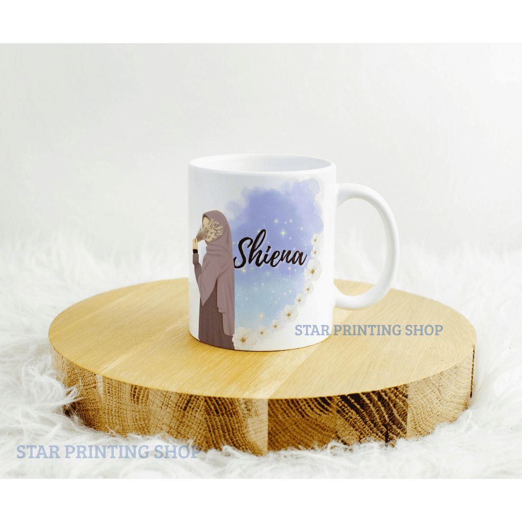CETAK GELAS MUG CARTOON MUG CUSTOM NAMA HIJAB MUSLIMAH REQUEST NAME