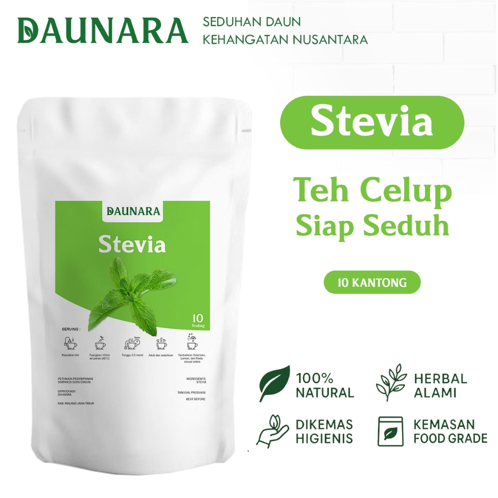 

Daun Stevia Kering Daunara – Pemanis Alami Bebas Kalori | 10 Kantong Teh Herbal
