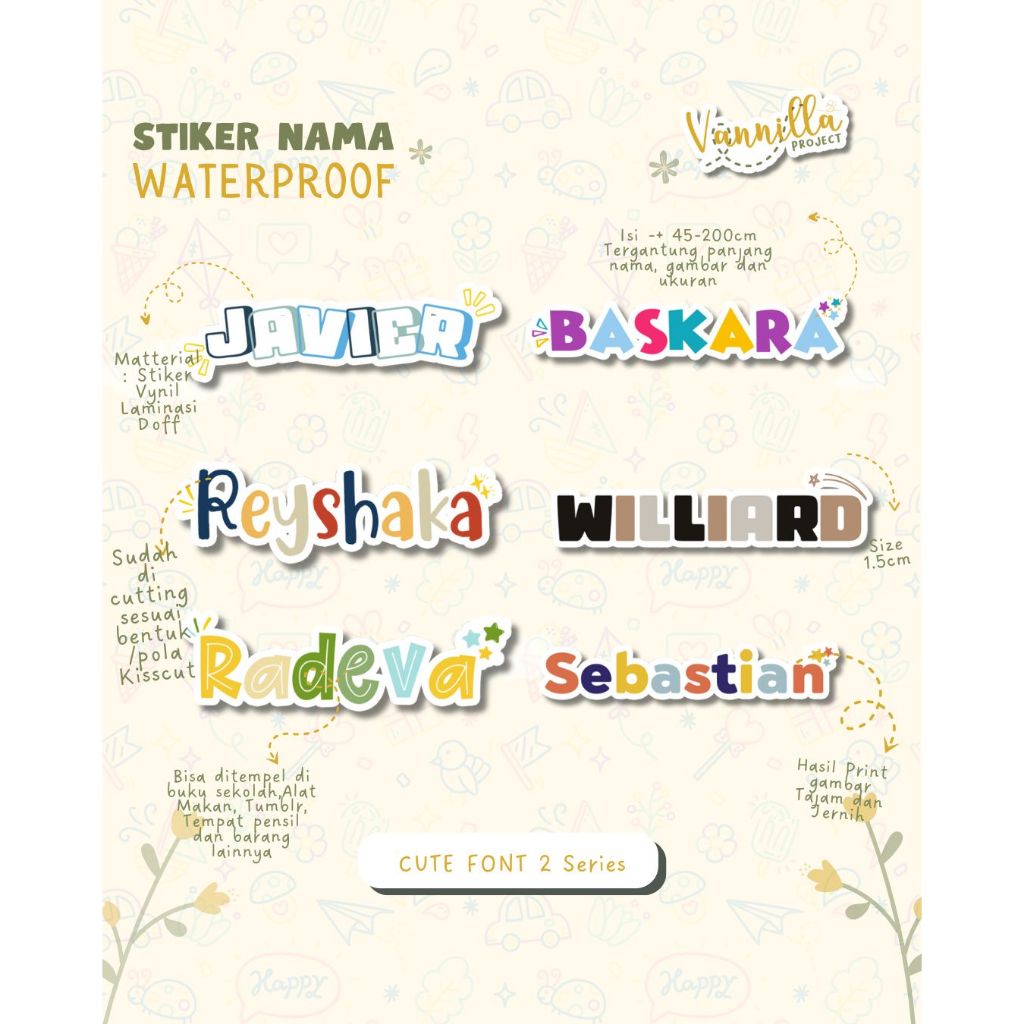 

Stiker Kiss Cut CUTE FONT Label Nama Waterproof Tahan Air