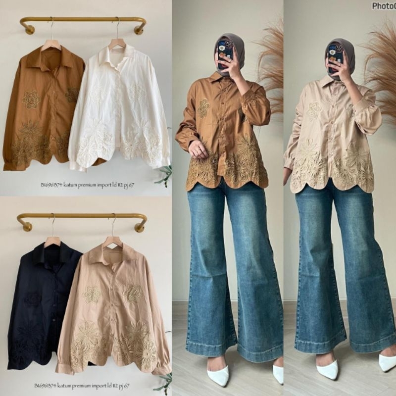 - Lucky Lacky Boutique - Blouse Katun Premium mix Lace Import Kemeja Oversize Renda Cantik Kekinian 