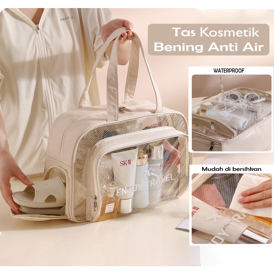Tas Kosmetik Travel Jumbo / Tas Skincare Travel Bening Bahan PVC / Washbag Toiletry / Pouch Make up 