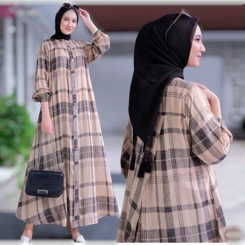 Gamis Bahan Rayon Premium Diamond Motif Kotak Terbaru Dress Wanita Jumbo Busui Kancing Depan