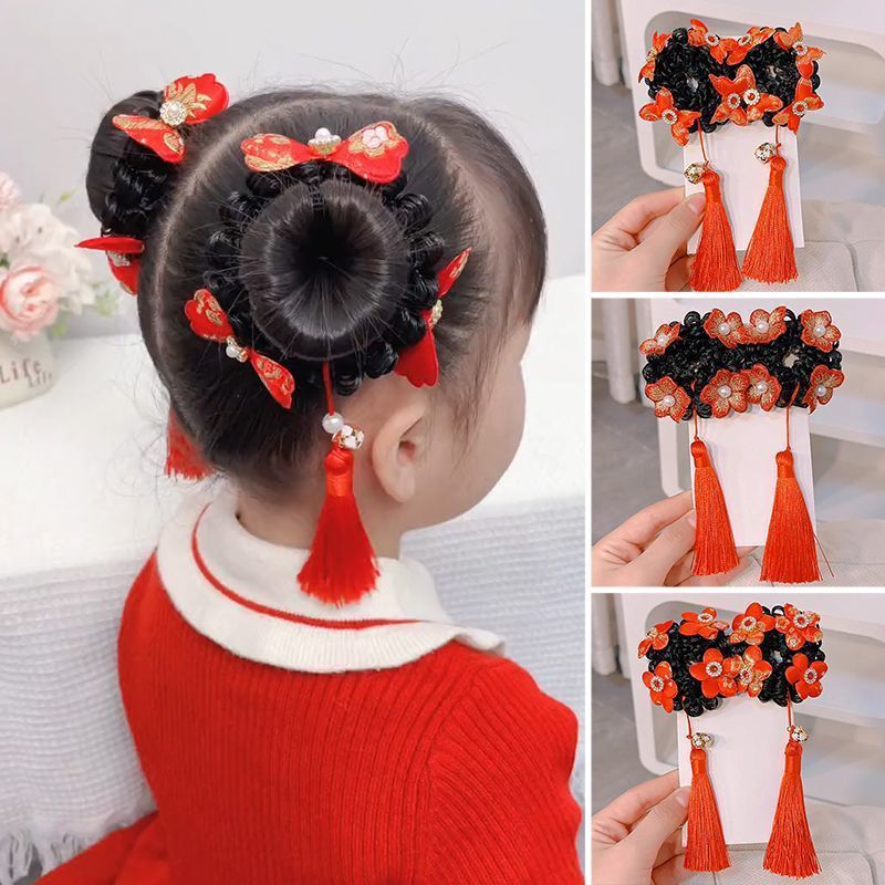 Set Imlek Anak cantik rambut cepol anak merah rumbai 2pc cepol anak imlek merah kepang series 675