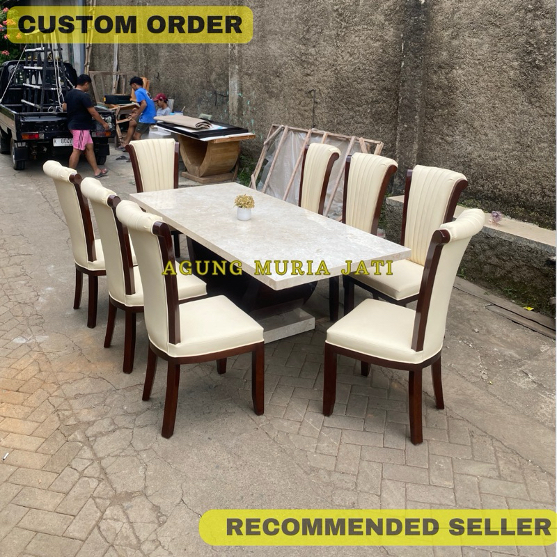 Set Meja Makan Marmer Minimalis Lengkung Kursi 8