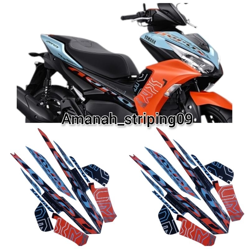 Set stiker striping standart motor Aerox 155 new warna biru oren tahun 2024 ful set body terbaik