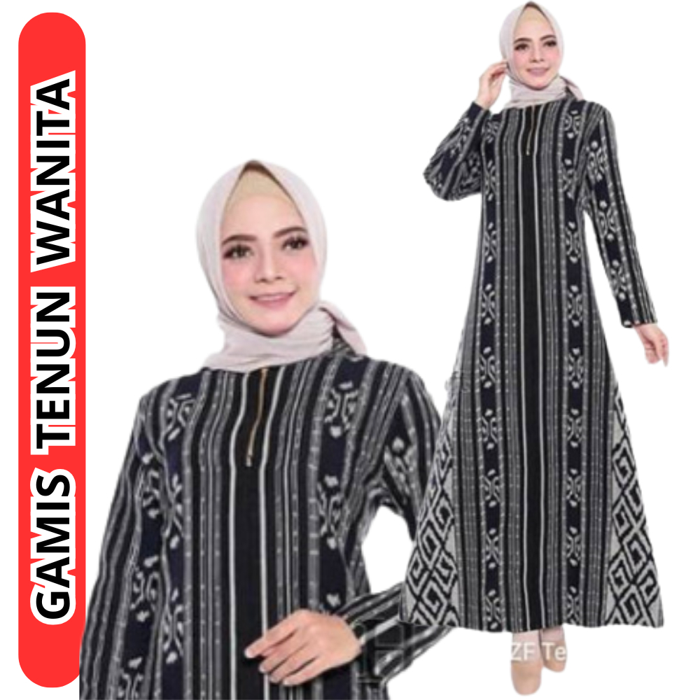 Gamis Tenun Wanita Resleting Depan Busui Friendly Modern