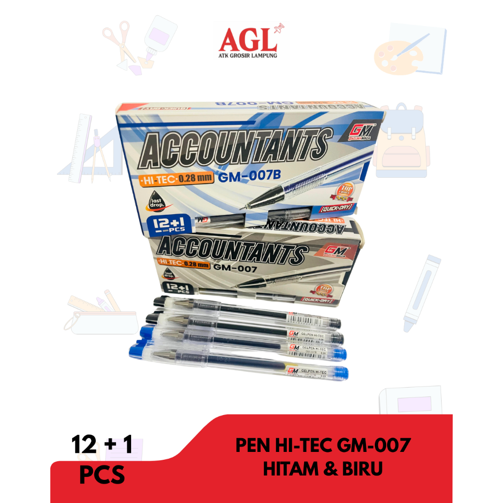 

GAJAH MADA - (12+1pcs) Pen GM - 007 Hi tech 0,28mm Warna Hitam, Biru - lusin