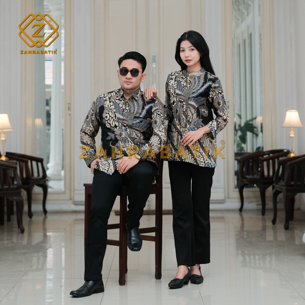 Batik Couple - Batik Tunik Wanita - Batik Pria Lengan Panjang - Motif Brawijaya Warna Hitam  kombina