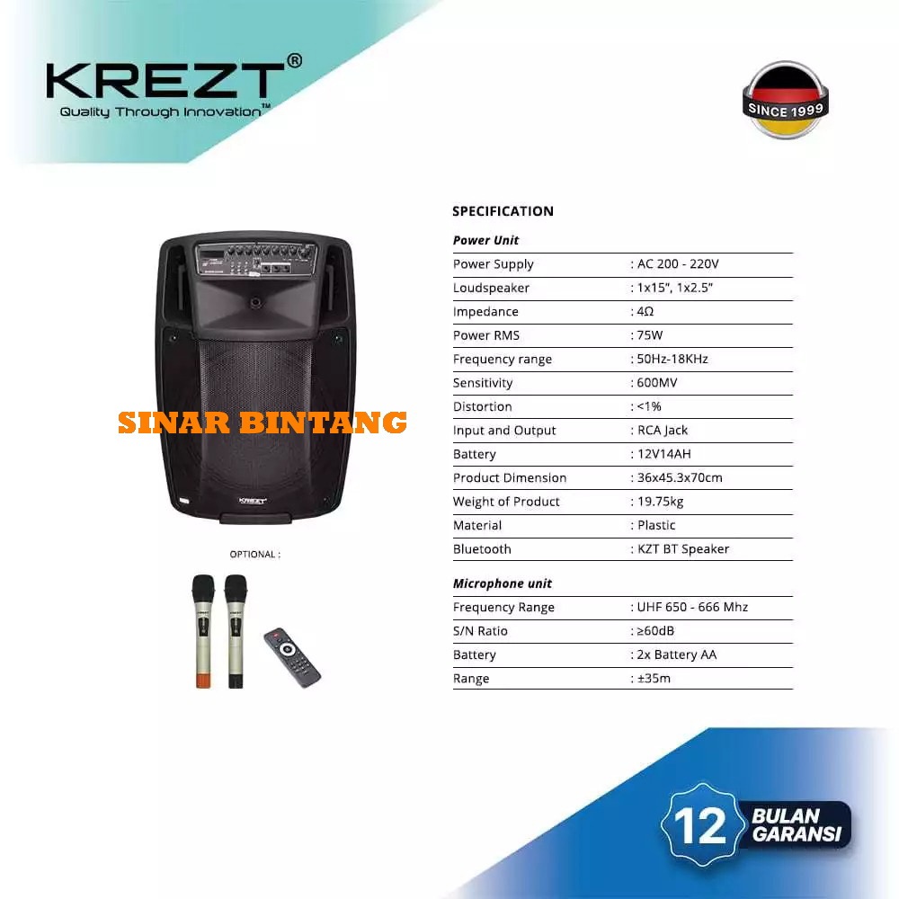 SPEAKER PORTABLE KREZT WAS115B SPEAKER 15 INCH BLUETOOTH WAS 115B ORIGINAL KREZT WAS-115B
