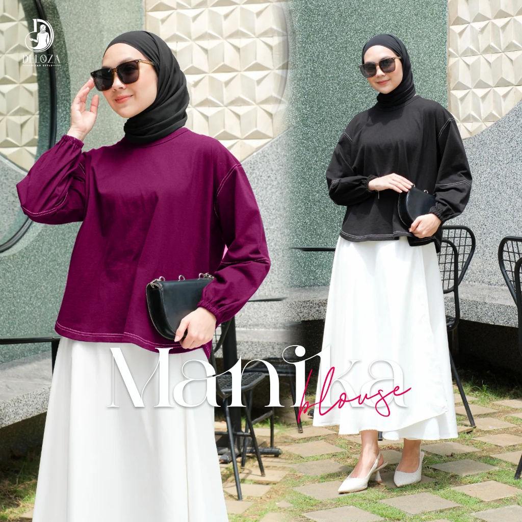 Manika Blouse Wanita Motif Rantai Kaos Wanita Lengan Balon Terbaru by Deloza