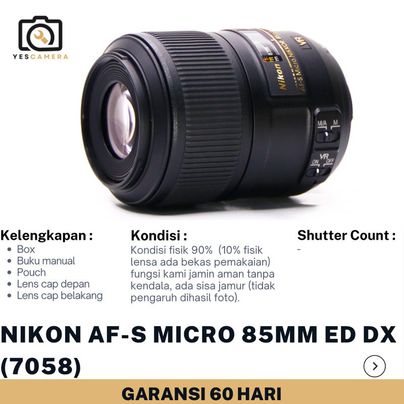 Nikon AF-S 85mm f1:3.5 ED DX VR Micro (Bekas) - Auto Focus - Fullset Box (7058)