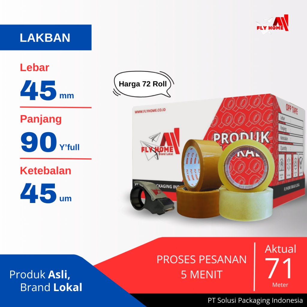 

FLYHOME Lakban bening coklat 2inci 90yard 1dus 45x90 yard 72roll ukuran FULL CARGO
