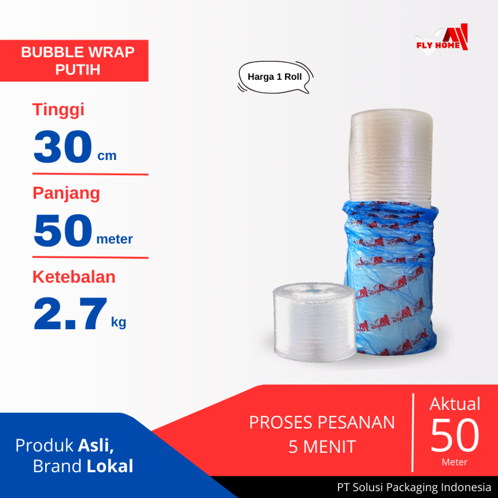 

FLYHOME Bubble wrap putih 2,7kg potongan 30cm 1 roll besar 30x50meter
