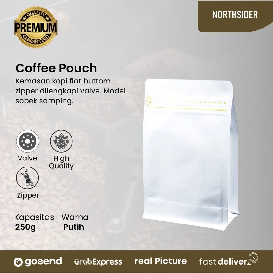 Kemasan kopi 250gr - black standing pouch flat bottom zipper and valve