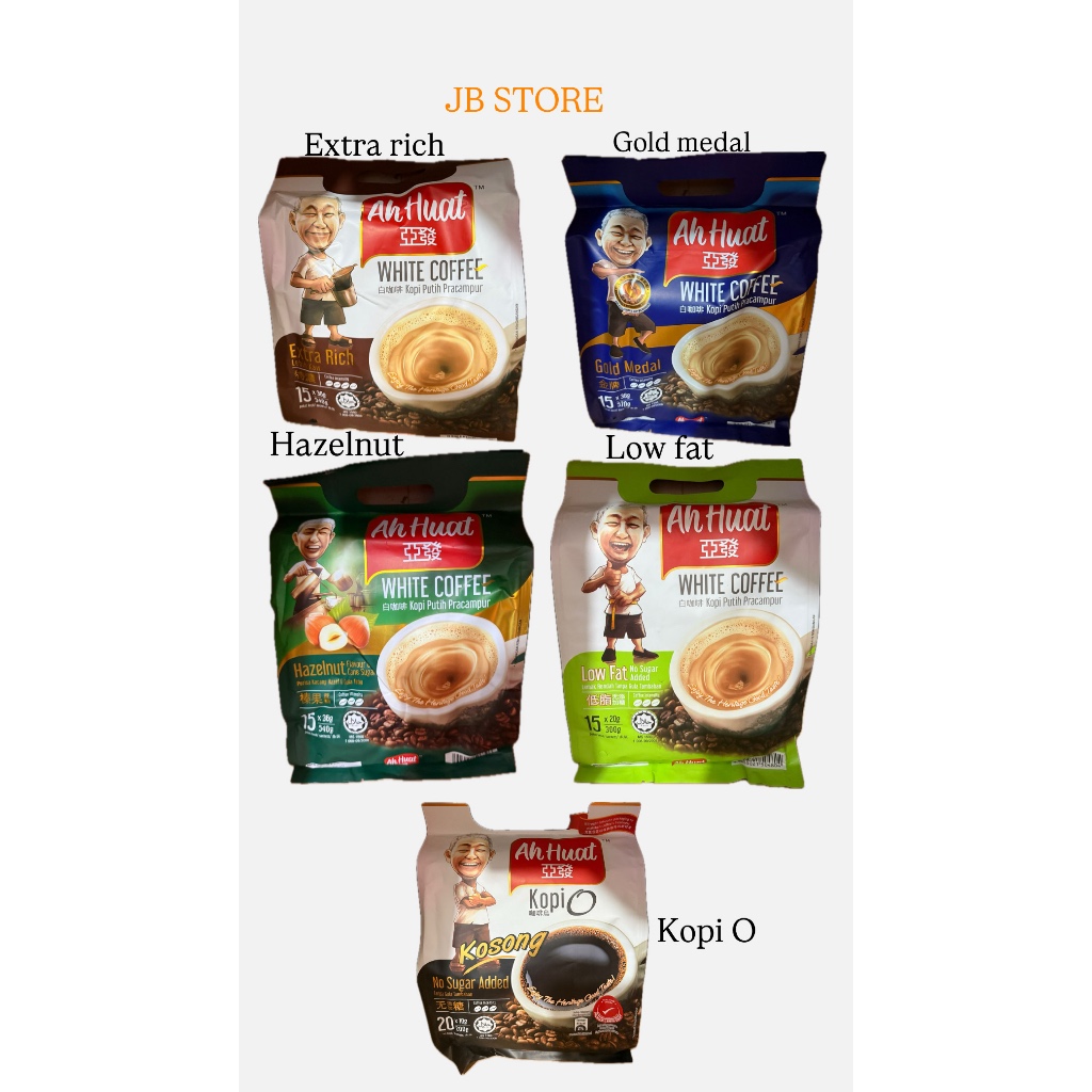

Ah huat coffee extra rich,hazelnut,gold medal,low fat 15packs ,kopi O no sugar 20packs exp 2027