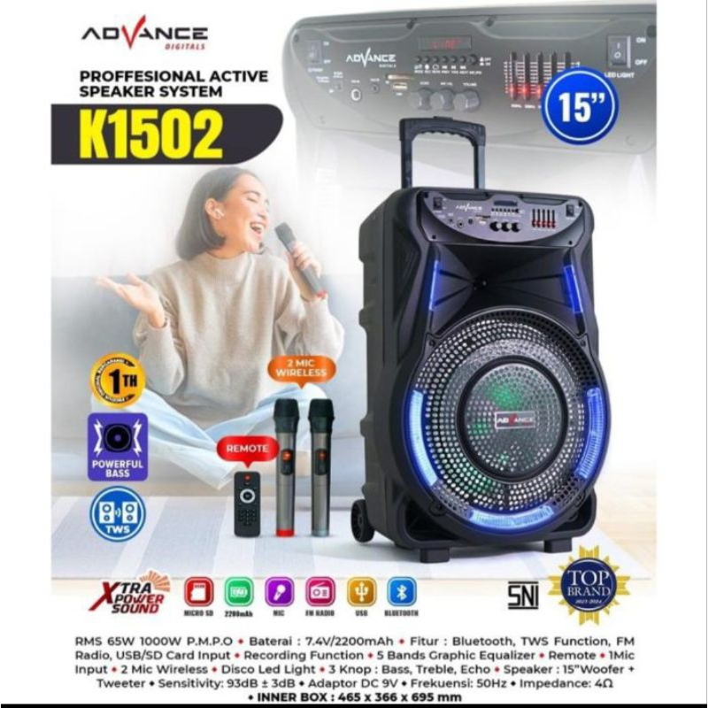 ADVANCE SPEAKER BLUETOOTH KARAOKE K1502 - SPEAKER PORTABLE ADVANCE 1502 - ADVANCE SPEAKER 15 INCH - 