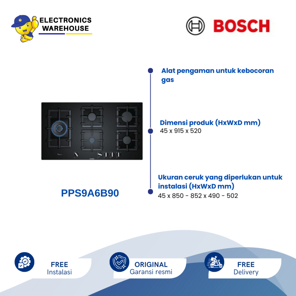 Bosch Gas Hob - PPS9A6B90 - Kompor Gas Tanam 5 Tungku 90 cm