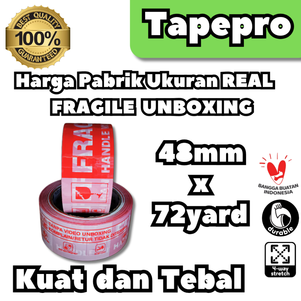 

Tapepro Isolatip/Solatip/Lakban OPP 48mm x 72yard , 90yard Fragile Unboxing Super Lengket Tebal