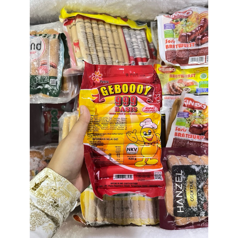 

Gebooy Basis 999 Merah isi 21 pcs/Sosis Geboy/Sosis Frozen