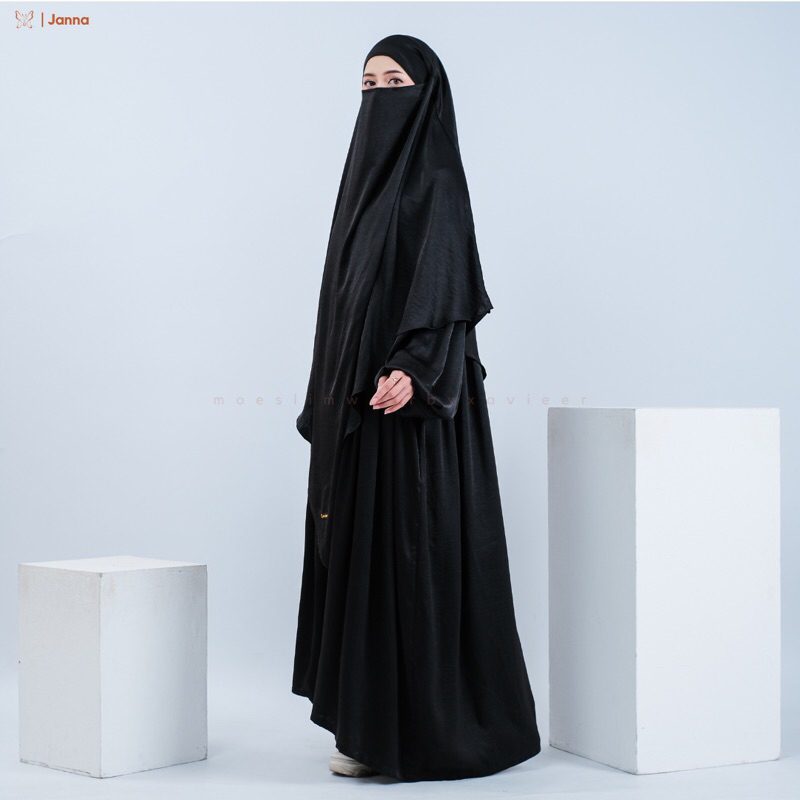 Xavieer - Janna Set Abaya French Khimar Lengan Balon Eropa Hitam Busui Cadar