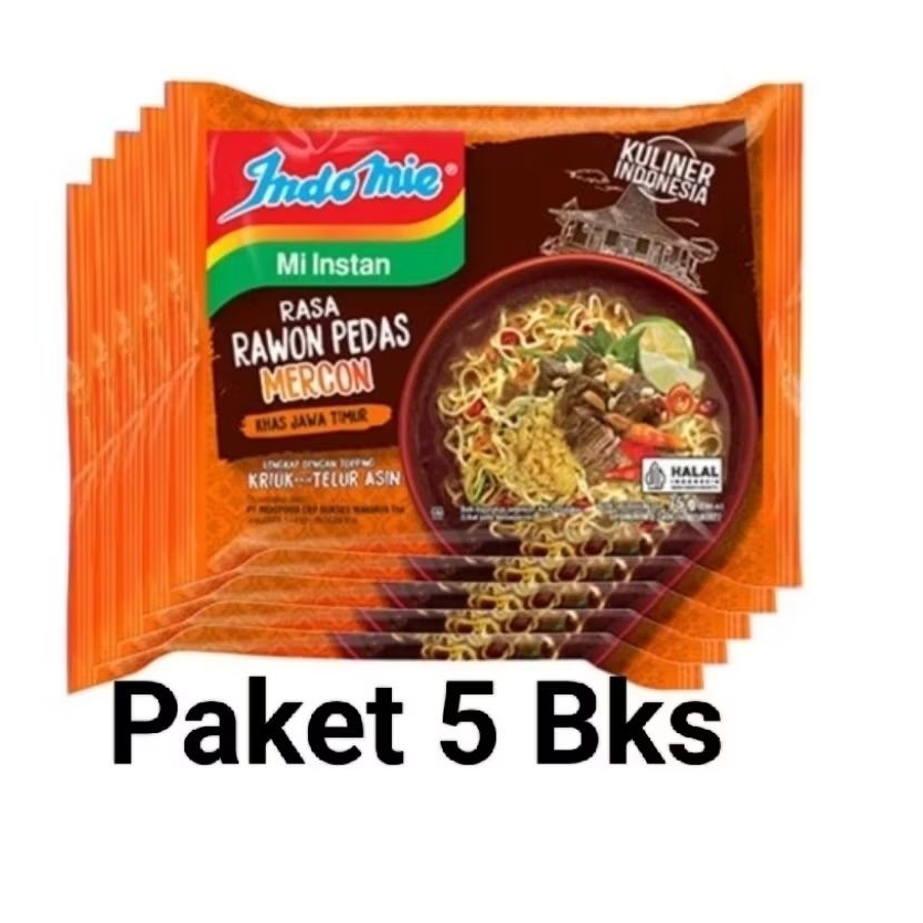 

Paket 5 Pcs - Indomie Mie Instan Kuah Rasa Rawon Pedas Mercon isi 75 Gram Khas Jawa Timur