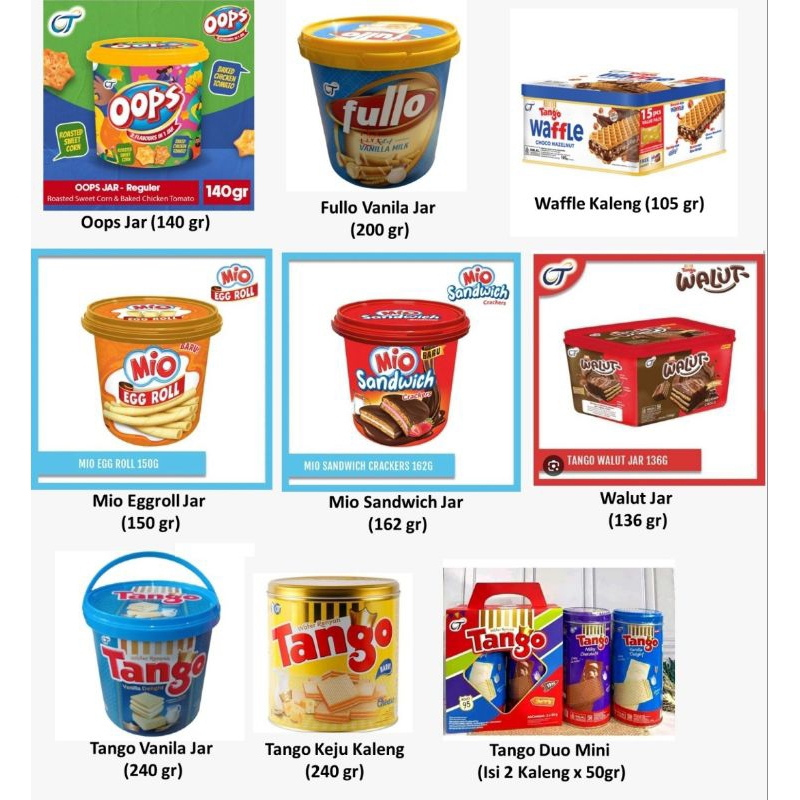 

All Varian per item 15.000 aja Tanggo, Mio sandwich, fullo, walut, wafer, oops dll