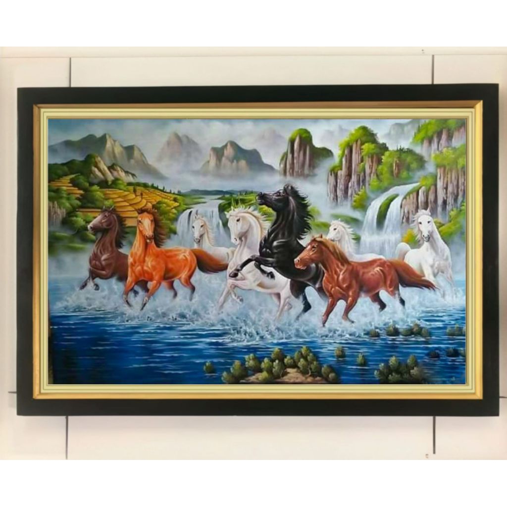 hiasan dinding lukisan cetak kuda 8 lari di air terjun plus bingkai ukuran 65×45