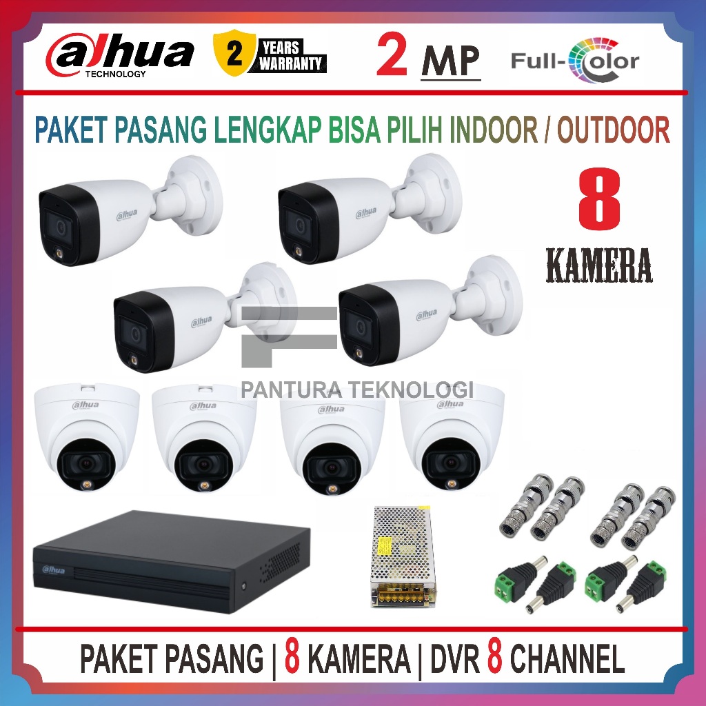 PAKET 8 KAMERA DAHUA 2MP FULLCOLOR DVR 8 CHANNEL CCTV PROMO LENGKAP SIAP PASANG