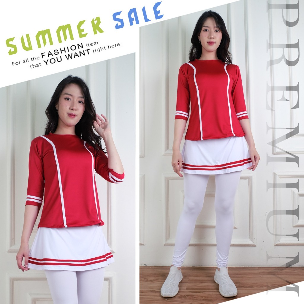 Setelan Senam Wanita  merah putih - Outfit Senam Merah Putih Hari Kemerdekaan - Baju Senam Wanita Me
