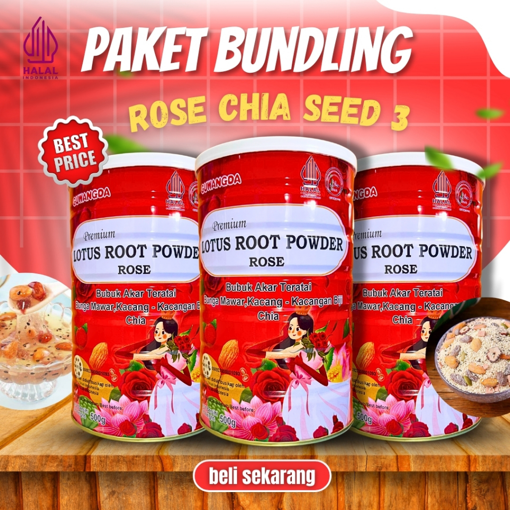 

PAKET HEMAT 3 KALENG RED ROSE COLLAGEN OUFEN LOTUS ROOT POWDER (5X EKSTRA COLLAGEN) GLOWING OU FEN HALAL BPOM 500 Gram